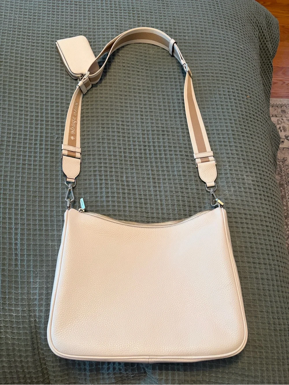 kate spade Cream Pebbled Leather Crossbody with Striped Strap and Coin Pouch